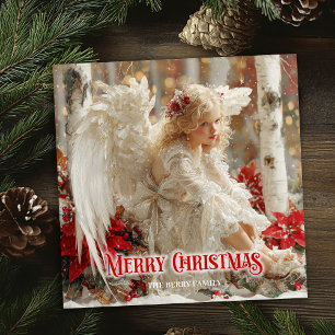 Cartão De Festividades Anjo angelical único radiação festiva dourada verm