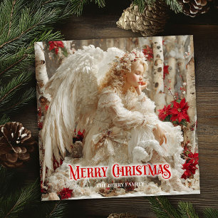 Cartão De Festividades Anjo artístico de Natal poinsétia vermelha alegre 