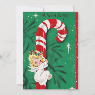 Cartão De Festividades Anjo Bebê de Natal Fofo Vintage em uma Cana de Açú