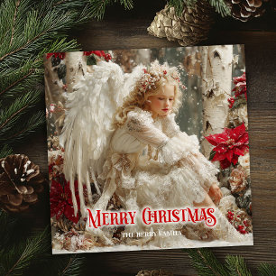 Cartão De Festividades Anjo bonito vitoriano vermelho branco dourado inve