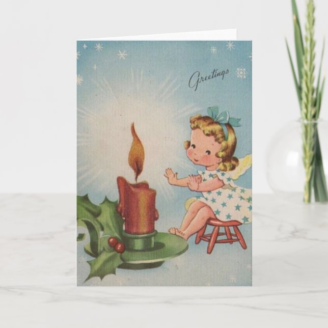 Cartão De Festividades Anjo de Natal Antigo Aquecido Por uma vela (Frente)