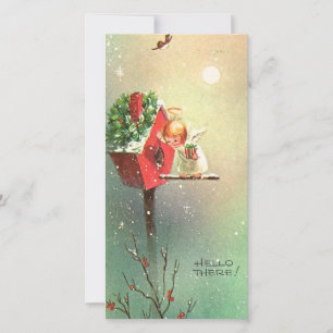 Cartão De Festividades Anjo de Natal Antigo na Casa de Pássaros