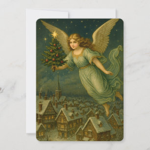 Cartão De Festividades Anjo de Natal com Árvore Retro Era Vitoriana