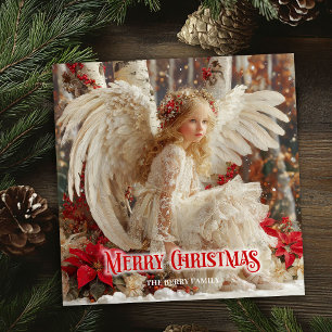 Cartão De Festividades Anjo de Natal em aquarela poinsettias vermelhas ch
