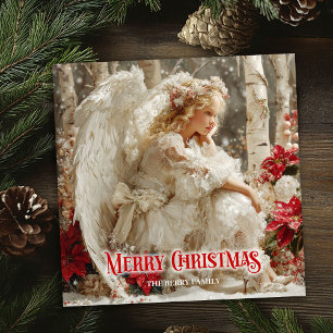 Cartão De Festividades Anjo de Natal rústico poinsettias vermelhas sazona