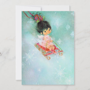Cartão De Festividades Anjo de Natal Vintage Retro em Trenó de Férias
