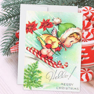 Cartão De Festividades Anjo de Natal Vintage Retro Esquiando