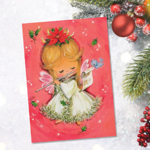 Cartão De Festividades Anjo de Natal Vintage Retro Tocando Flauta