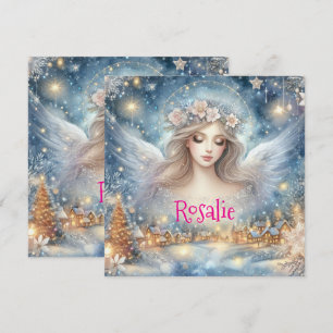Cartão De Festividades Anjo de Neve de Gelo Etéreo de Aquarela Azul Festi