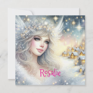 Cartão De Festividades Anjo de Neve Festivo Branco Aquarela Etéreo Geada