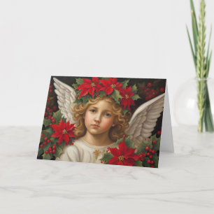 Cartão De Festividades Anjo do Natal com Red Poinsettia Wreath