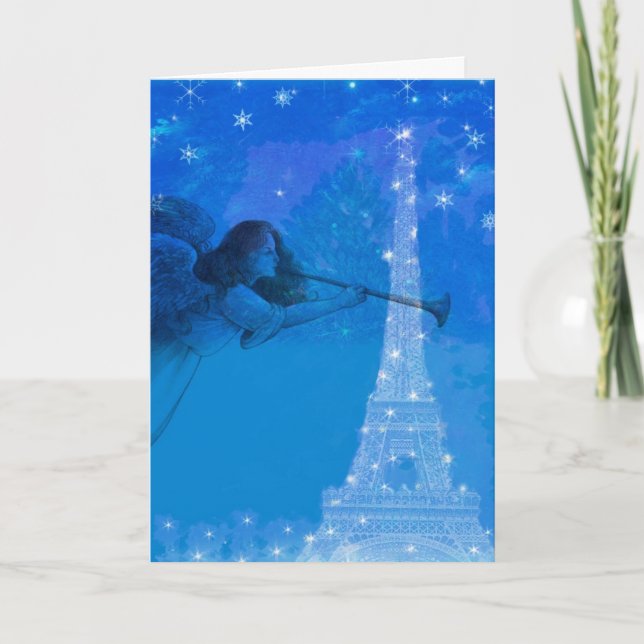 Cartão De Festividades anjo ilustrado sobre paris noturne (Frente)