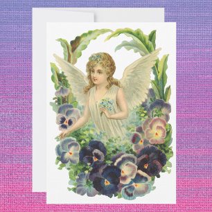 Cartão De Festividades Anjo Páscoa vitoriano com Flores Pansy Roxas