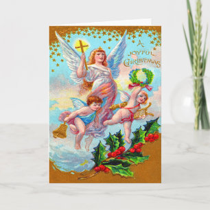 Cartão De Festividades Anjo Querubim Cruz Cristã Sino Grinalda Azevinho