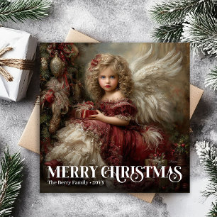 Cartão De Festividades Anjo Vintage Burgundy Verde Saudação de Natal