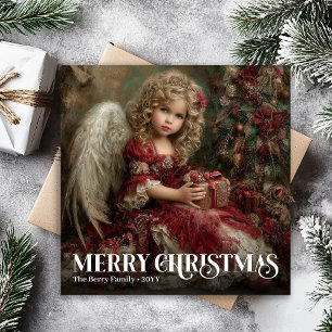 Cartão De Festividades Anjo Vitoriano Sagrado Natal Dourado Vermelho Inte