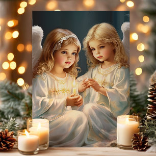 Cartão De Festividades Anjos de Natal Antigos com Vela