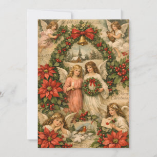 Cartão De Festividades Anjos de Natal Vintage, Poinsettia, Frutas