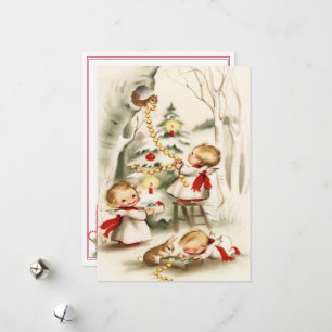 Cartão De Festividades Anjos de Natal Vintage Retro Árvore Coelho Esquilo