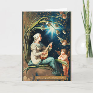 Cartão De Festividades Anjos, Estrelas, Mulheres, A Lua Natal Religiosa