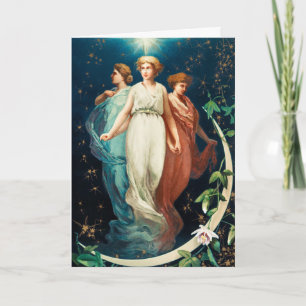 Cartão De Festividades Anjos, Estrelas, Mulheres, A Lua Natal Religiosa