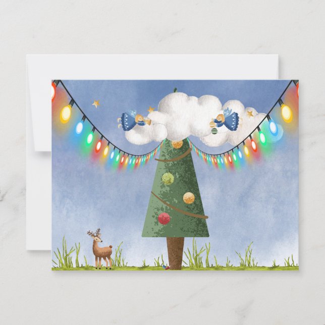 Cartão De Festividades Anjos no Alto Árvore Decorada Texto Personalizável (Frente)