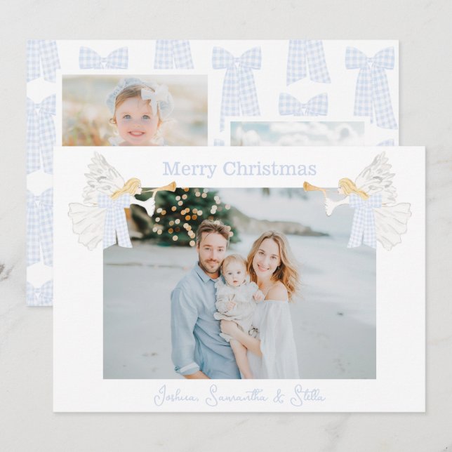 Cartão De Festividades Anjos Trombeta Xadrez Laços  (Frente/Verso)