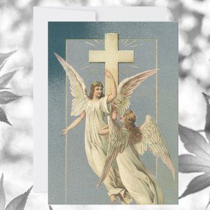 Cartão De Festividades Anjos Vitorianos com uma Cruz, Páscoa Vintage