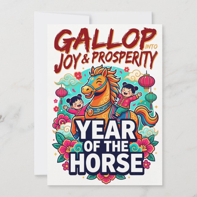 Cartão De Festividades Ano do Cavalo - Galope Para a Alegria e Prosperida (Frente)