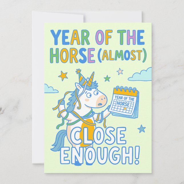 Cartão De Festividades Ano do Cavalo (Quase) Perto o Suficiente Unicórnio (Frente)