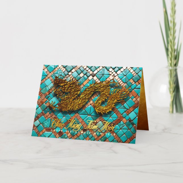 Cartão De Festividades Ano do Dragão Vietnamita Dourado 2024 Mosaico GC (Frente)