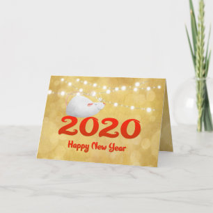 Cartão De Festividades Ano do Rat 2020 - Rato branco em Dourado