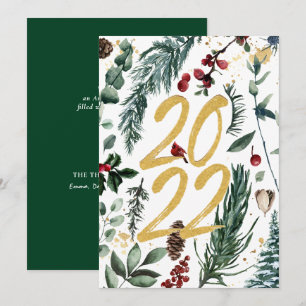 Cartão De Festividades Ano Novo 2022   Pinheiros Dourados Festivos Bough 