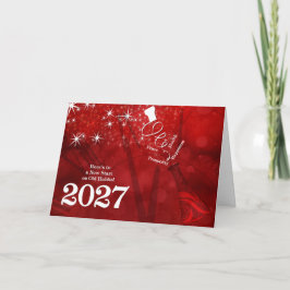 Cartão De Festividades Ano Novo 2027 em Champanhe Vermelho e Branco