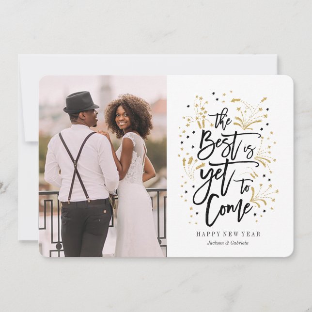 Cartão De Festividades Ano Novo | Amarelo | fogos de artifício e estrelas (Frente)