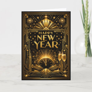 Cartão De Festividades Ano Novo Art Déco Preto Dourado Glamouroso