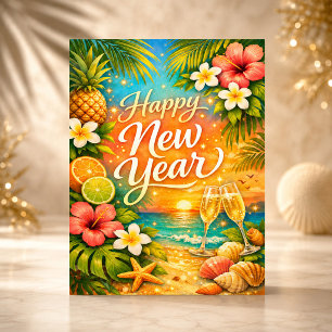 Cartão De Festividades Ano Novo Champanhe Pôr do Sol Tropical