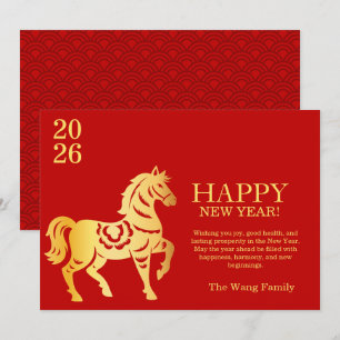 Cartão De Festividades Ano Novo Chinês Cavalo Vermelho e Dourado
