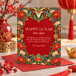 Cartão De Festividades Ano Novo Chinês Floral 2027 Ano do Bode Vermelho