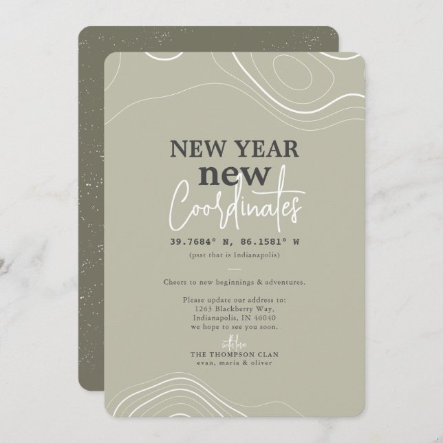 Cartão De Festividades Ano Novo coordena o lançamento verde (Frente/Verso)