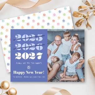 Cartão De Festividades Ano Novo Engraçado 3ª Vez é a Vencida Azul Moderno