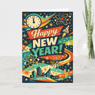 Cartão De Festividades Ano Novo Espaço Atômico Retro