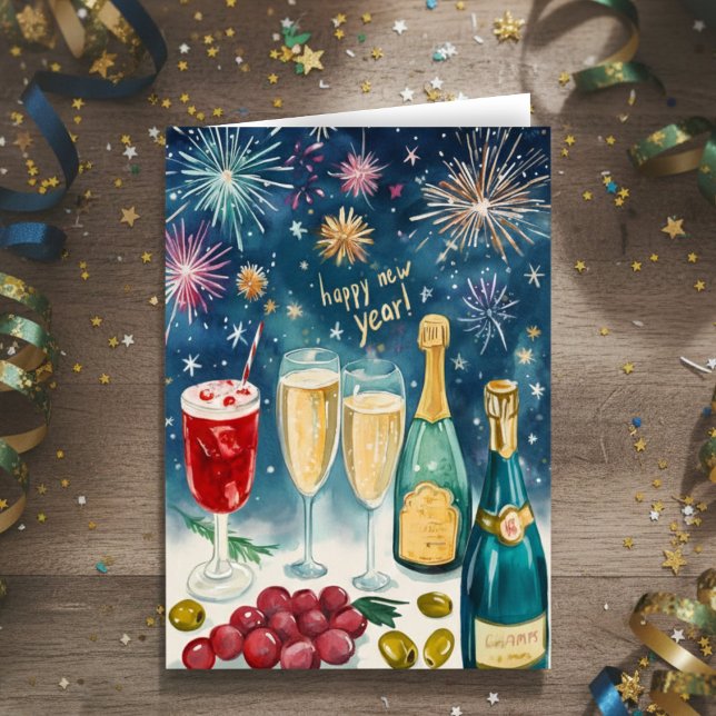 Cartão De Festividades ANO NOVO FELIZ Aquarela Fogos de Artifício Bubbly (HAPPY NEW YEAR Watercolor Bubbly Fireworks Holiday Greeting Card
)