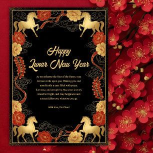 Cartão De Festividades Ano Novo Lunar Ano do Cavalo Preto e Dourado