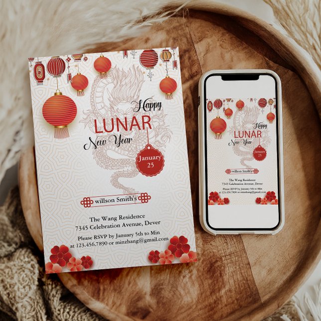 Cartão De Festividades Ano Novo Lunar Feliz do Sna dourado branco chinês (Criador carregado)