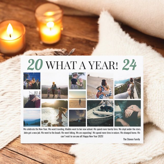 Cartão De Festividades Ano Novo na revisão 12 fotos com grade de colagem  (New Year in review 12 photos collage grid green Holiday Card)