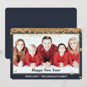 Cartão De Festividades anos novos Foto da família Glitter Frame Dourada