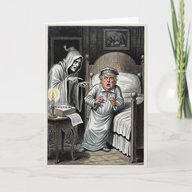 Cartão De Festividades Anti Trump Christmas Carol, Scrooge Epstein Parody (Frente)