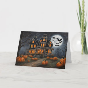 Cartão De Festividades Antiga Casa de Halloween e Abóboras