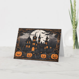 Cartão De Festividades Antiga Mansão Assombrada de Halloween e Abóboras